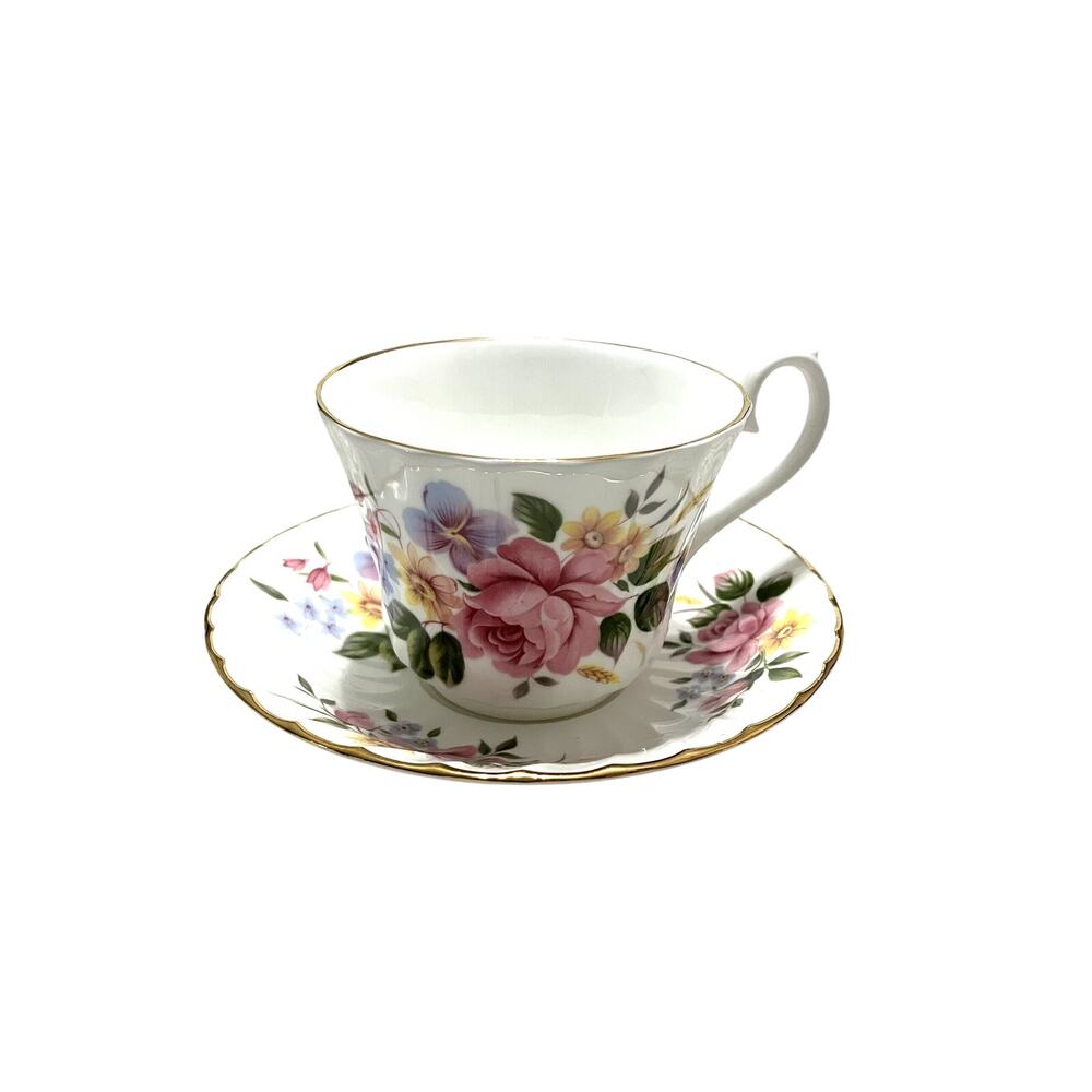 Royal Sutherland HM Fine Bone China Pink Rose Floral Teacup and Saucer Set